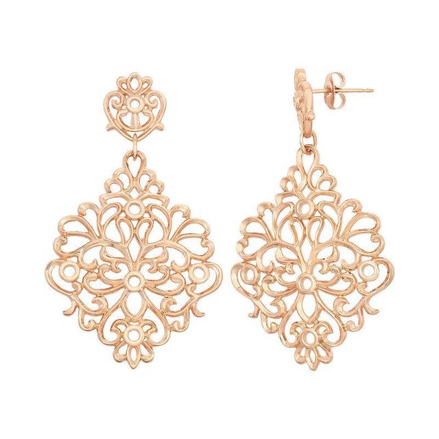 18k Rose Gold Over Silver Floral Filigree Drop Earrings, Womens, Pink Tone Product Image