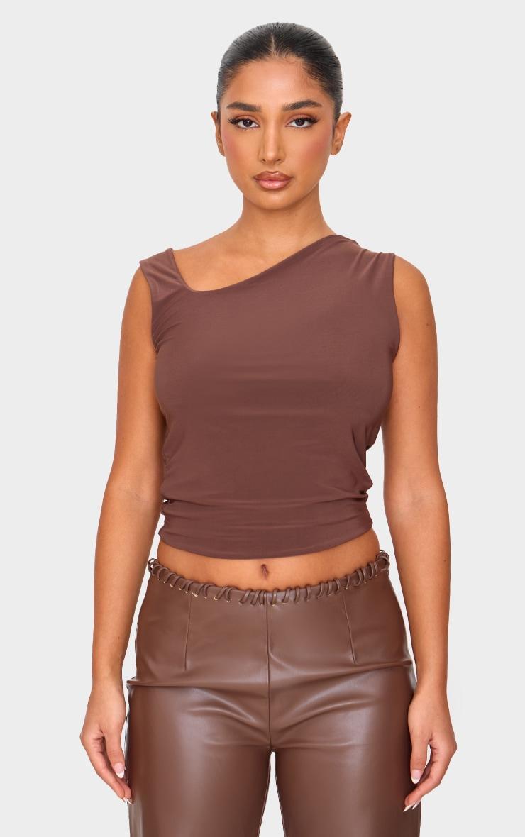 Petite Chocolate Double Slinky Asymmetric Neckline Long Top Product Image