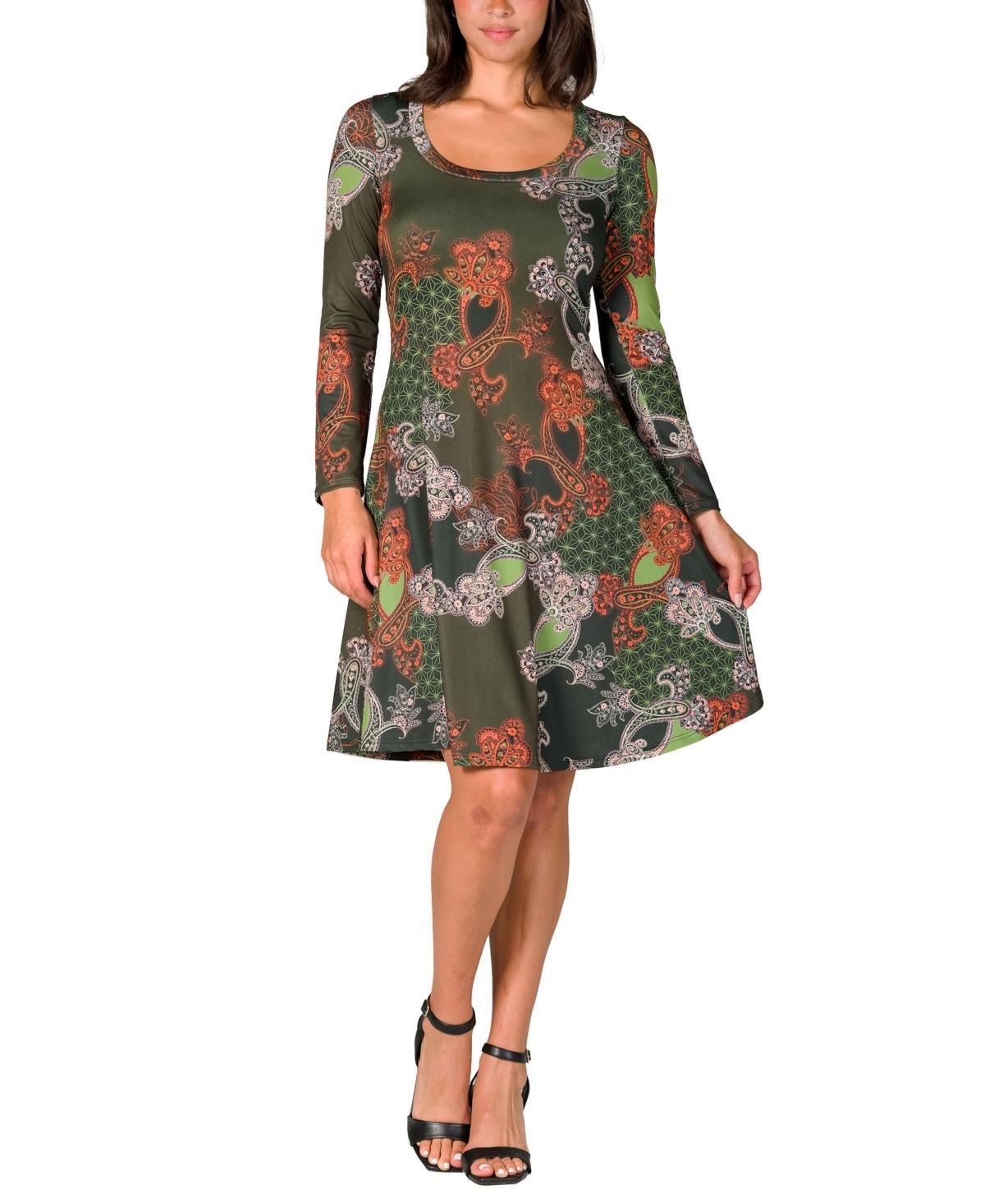 Womens 24Seven Comfort Apparel Paisley Print Long Sleeve Knee Length Dress Product Image