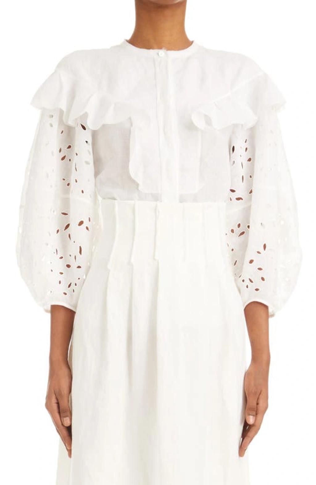 CHLOÉ Ruffled Broderie Anglaise Linen Blouse In White Product Image