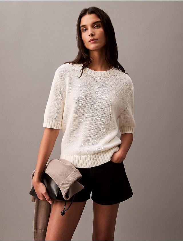 Calvin Klein Womens Open Weave Short Sleeve Crewneck Sweater - White - S Product Image