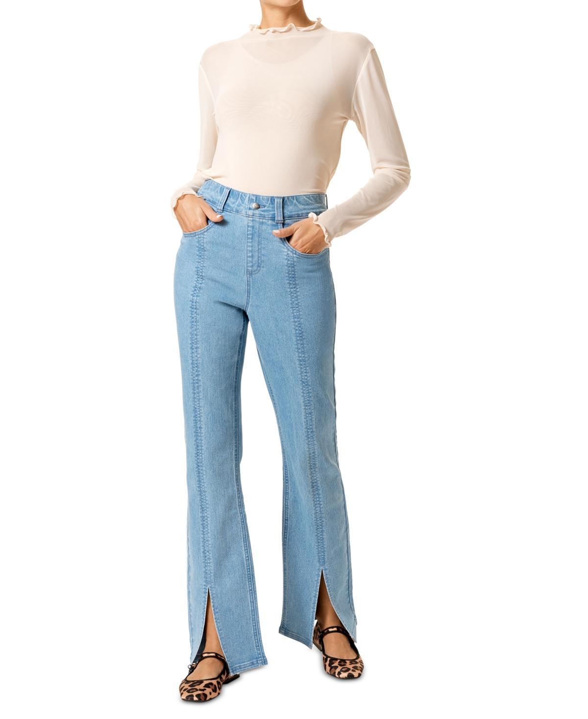 Hue High Rise Split Front Straight Leg Jeans in Classic Light Product Image