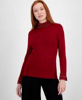 Anne Klein Womens Embellished Mock Neck Long Sleeve Sweater Product Image