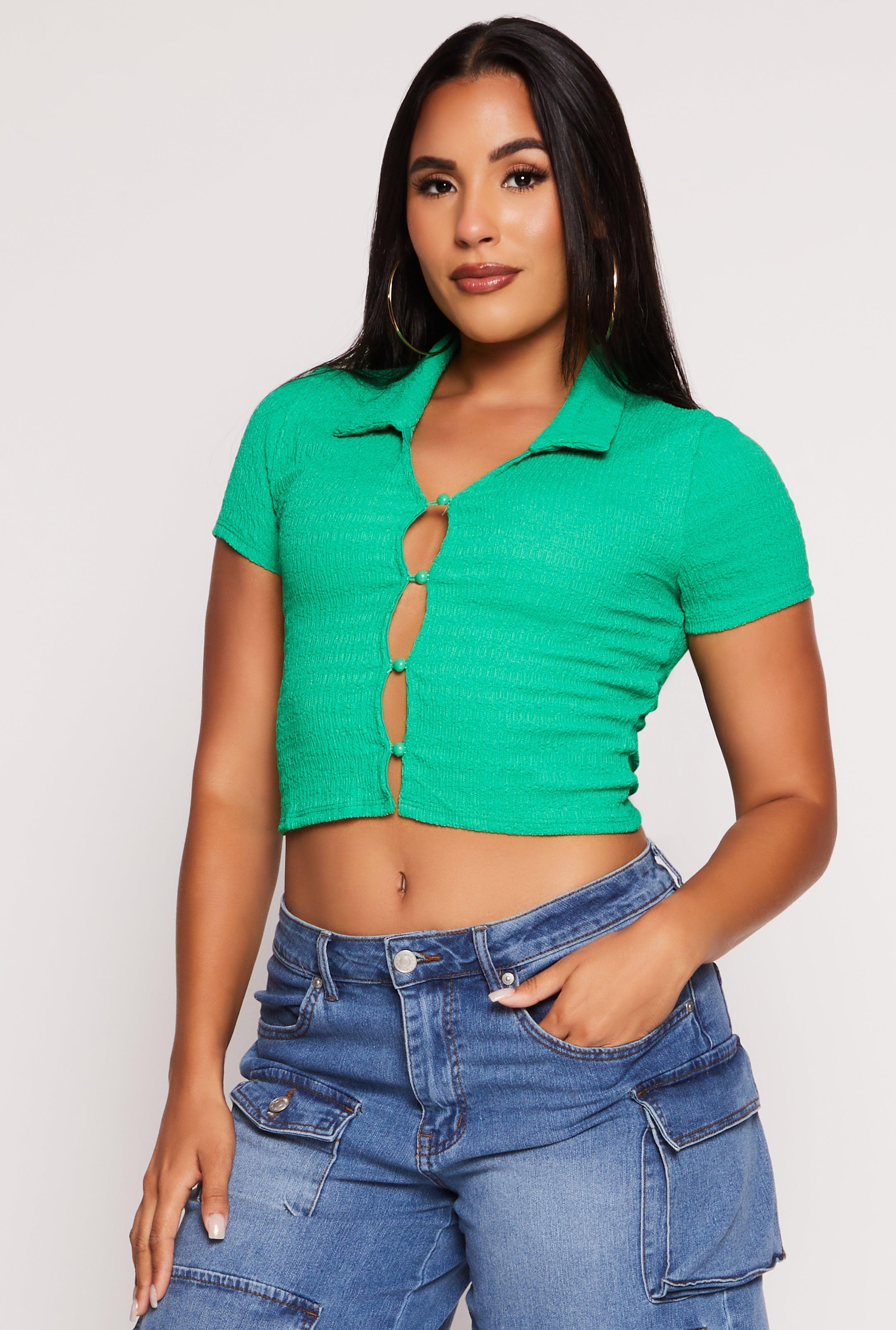 Womens Textured Knit Plunge Button Front Crop Top Product Image