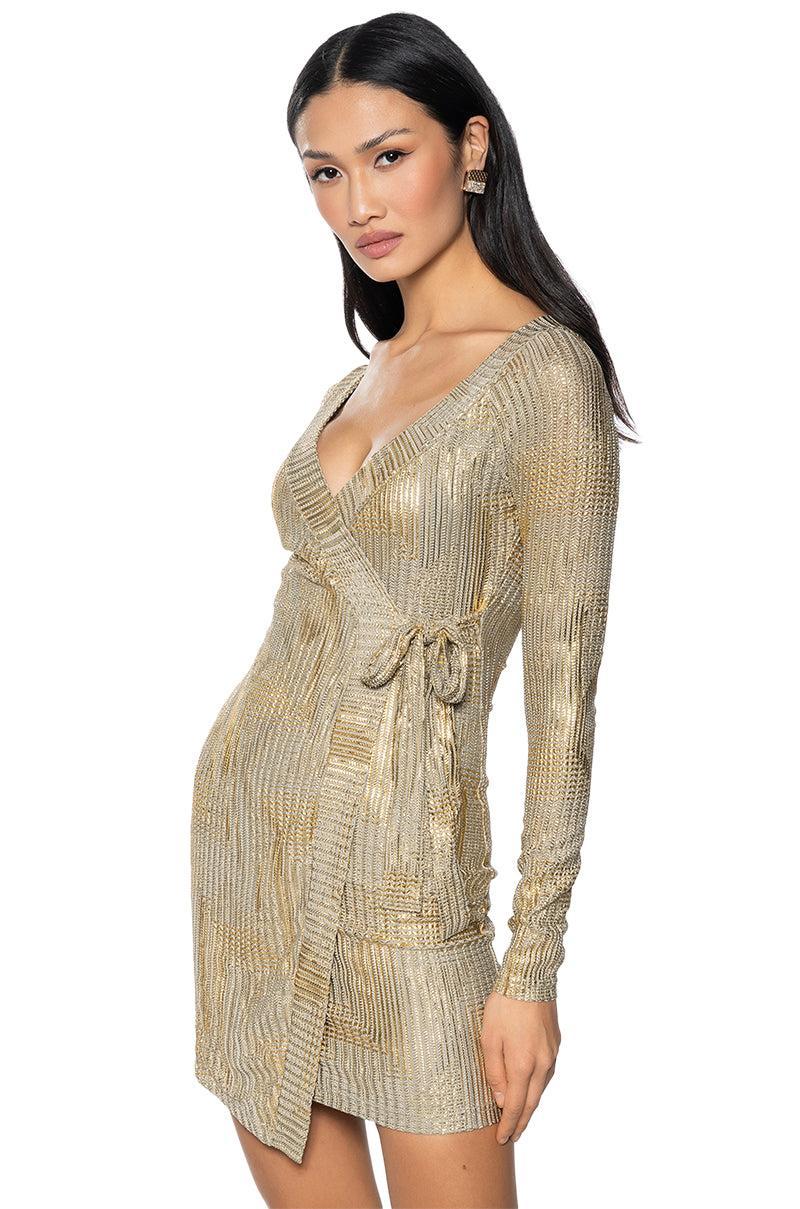 CLEO METALLIC WRAP MINI DRESS Product Image