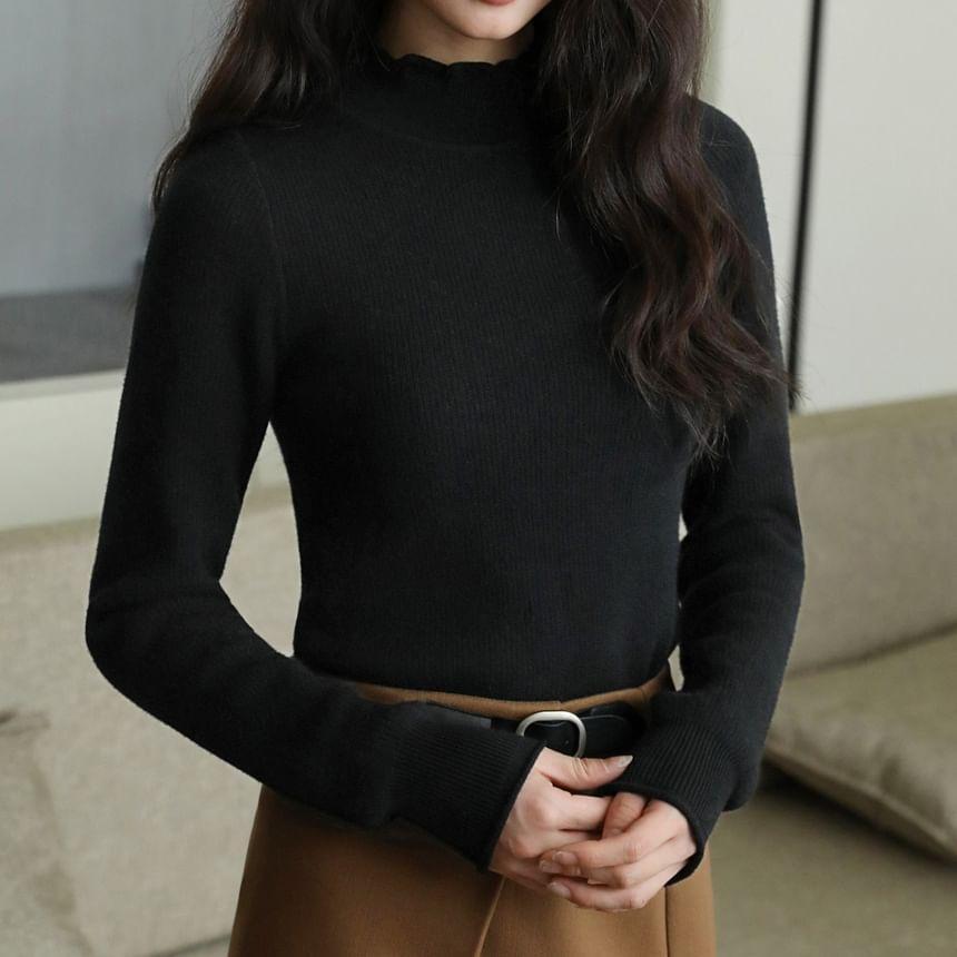 Long-Sleeve Mock Neck Plain Ribbed Knit Top Product Image