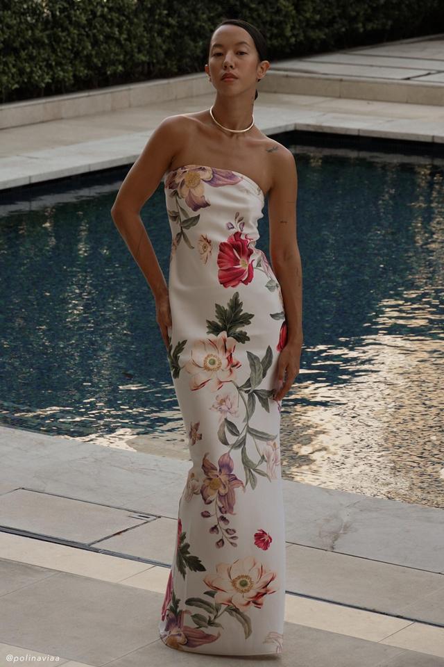 Claudette Strapless Satin Maxi Dress - Bella Rosa Print Product Image