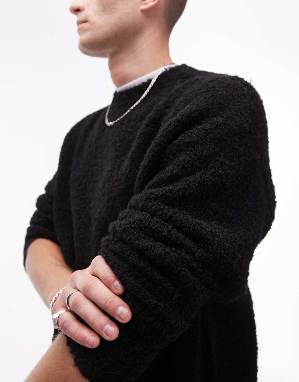 Topman relaxed fit boucle sweater in black Product Image