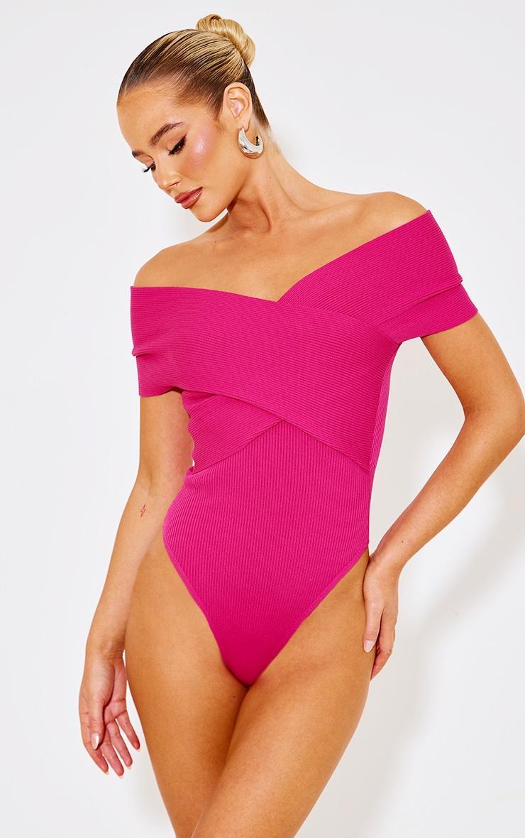 Fuchsia Rib Knit Foldover Twist Bodysuit Product Image