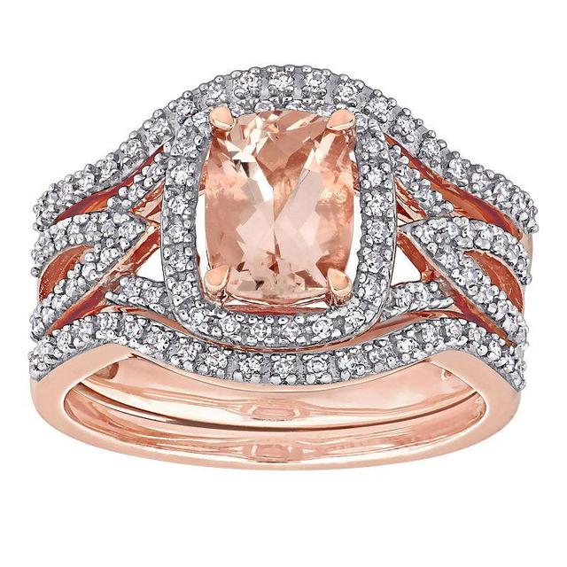 Stella Grace 10k Rose Gold Morganite & 1/3 Carat T.W. Diamond Halo Split Shank Bridal Ring Set, Womens Pink Product Image