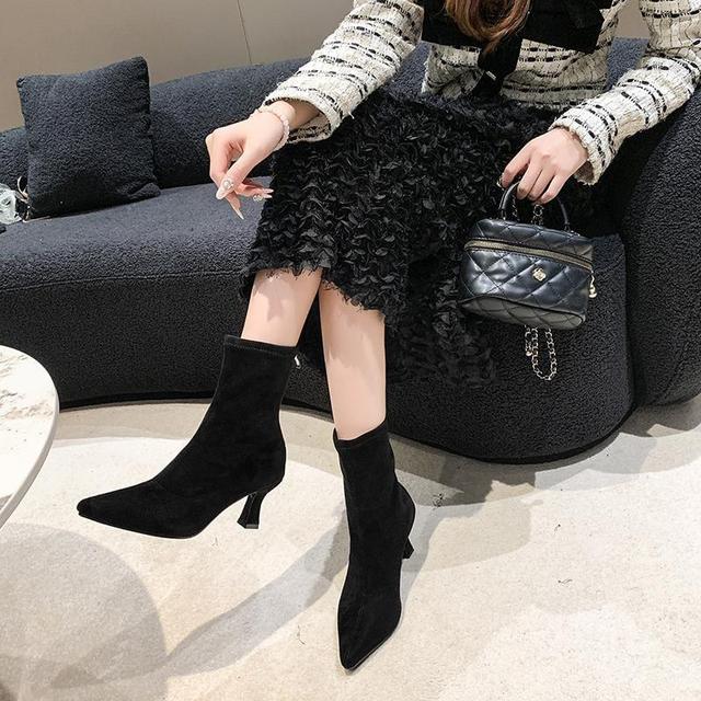 Pointed Toe Faux Suede High Heel Short Boots Product Image