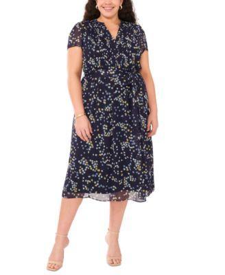 Plus Size Printed Split-Neck Pintuck Midi Dress Product Image