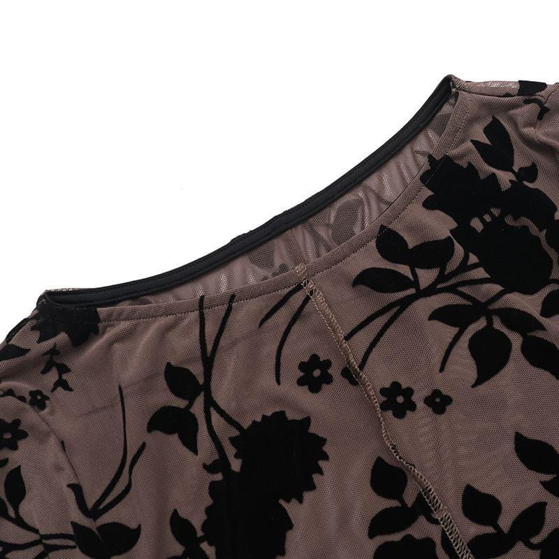 Long Sleeve Boat Neck Floral Patterned Mesh Top Product Image