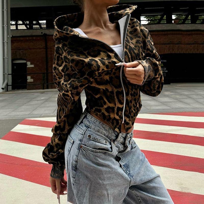 Long Sleeve Leopard Print Slim-Fit Zip-Up Hooded Jacket Product Image