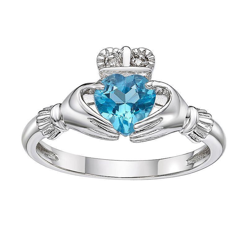 Gemminded Sterling Silver Blue Topaz & Diamond Accent Claddagh Ring, Womens Product Image