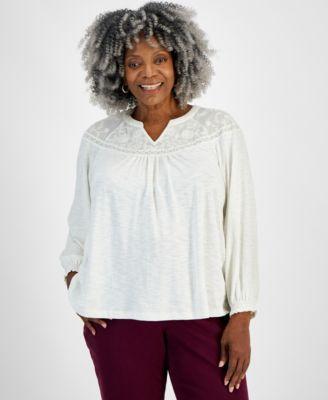 Plus Size Mesh-Trim Raglan-Sleeve Blouse, Created for Macy's  Product Image