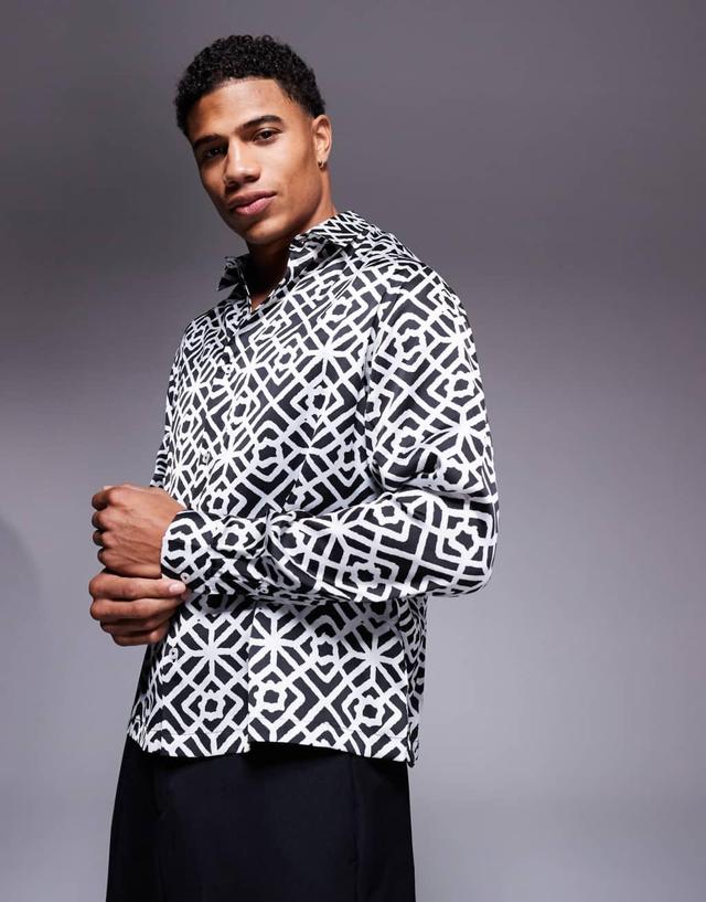 ASOS DESIGN boxy relaxed shirt with geo print in black and white Product Image