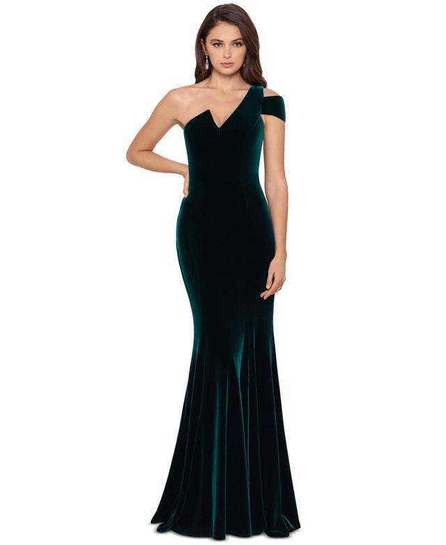 Betsy & Adam Velvet One-Shoulder Gown Product Image