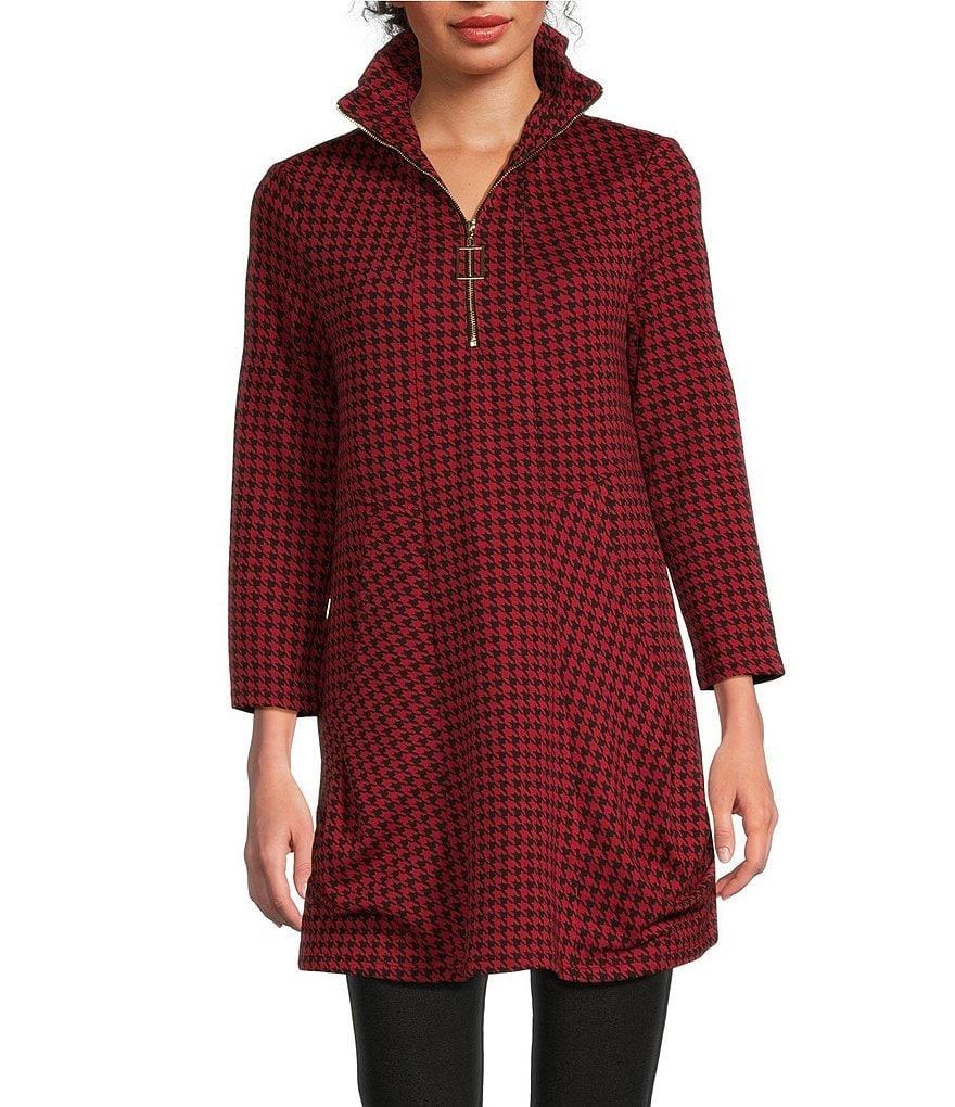 Calessa Stretch Knit Houndstooth Collar 3/4 Sleeve 1/4 Zip Tunic Product Image