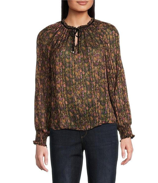 Democracy Woven Geo Print Ruffled Split V-Neck Long Smocked Sleeve Top Product Image