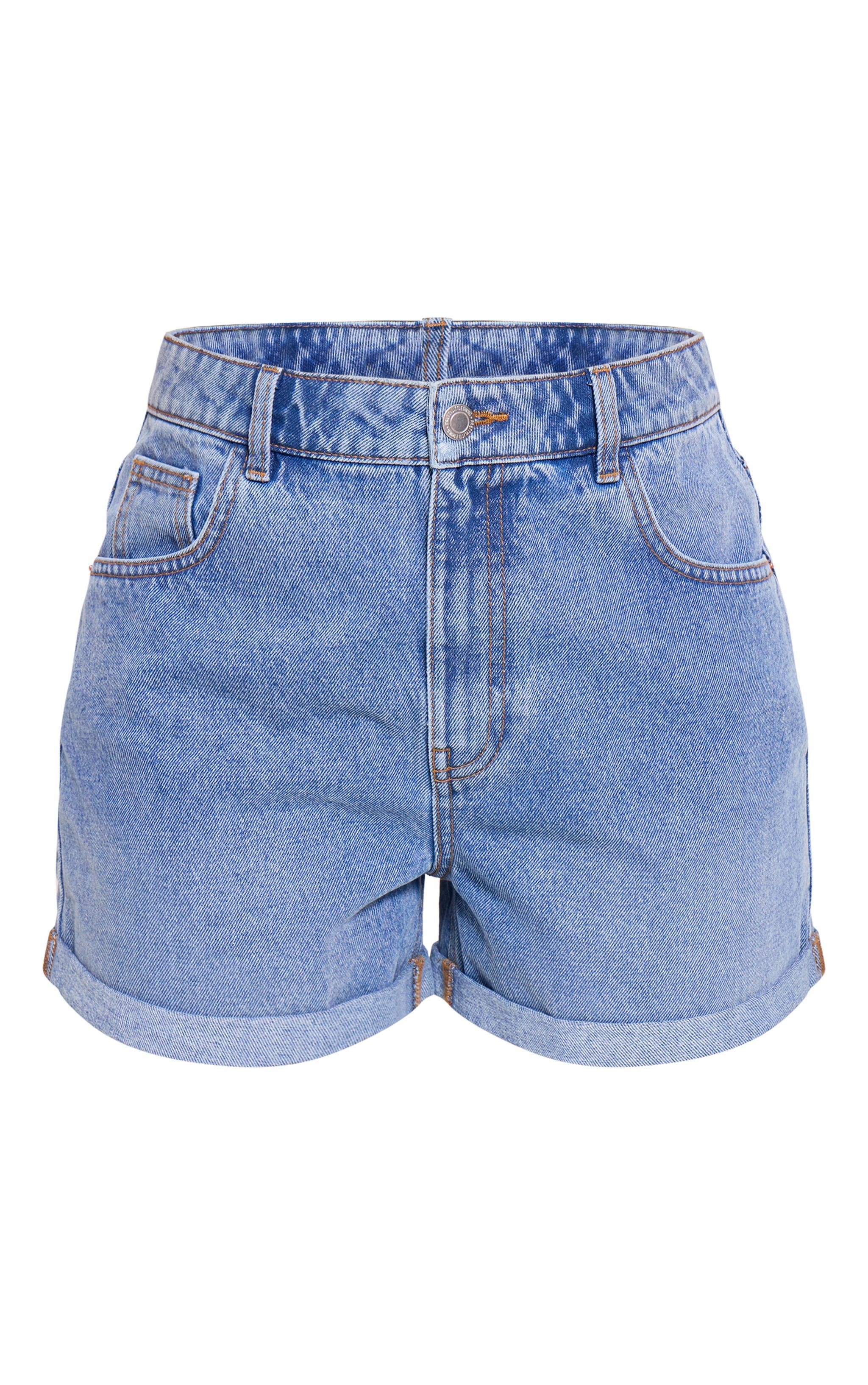 PRETTYLITTLETHING Mid Blue Wash Turn Up Mom Denim Shorts Product Image