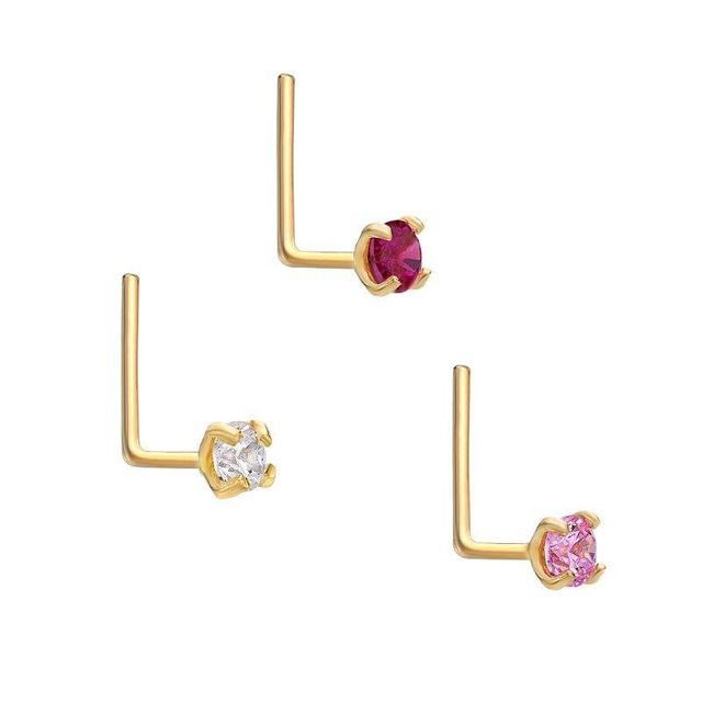 Lila Moon 14k Gold 2 mm Pink Cubic Zirconia L-Shape Nose Stud Set, Womens, 14k Whgold Product Image