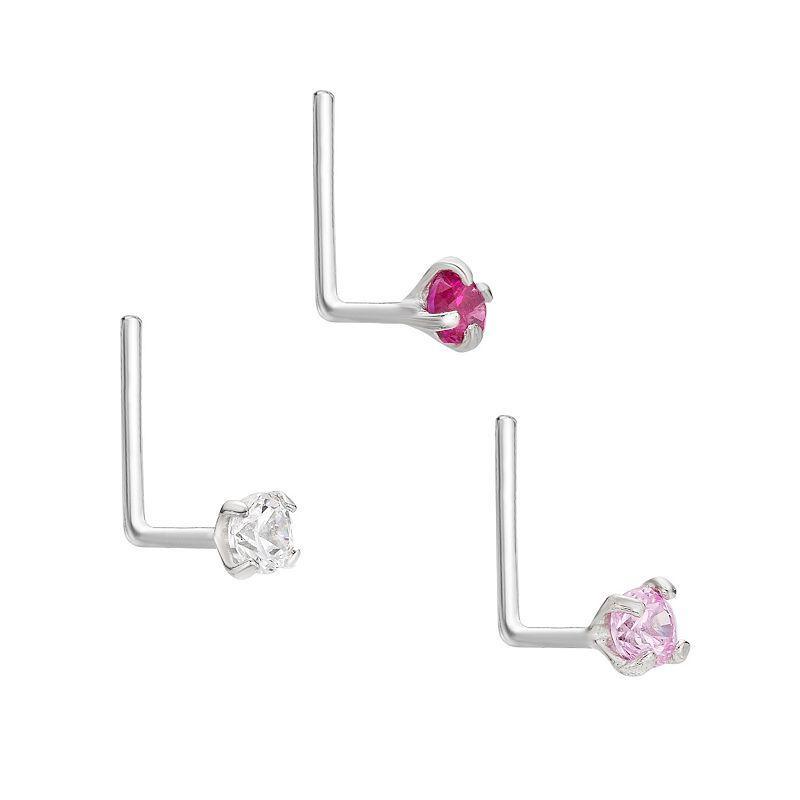 Lila Moon 14k Gold 2 mm Pink Cubic Zirconia L-Shape Nose Stud Set, Womens, 14k Whgold Product Image