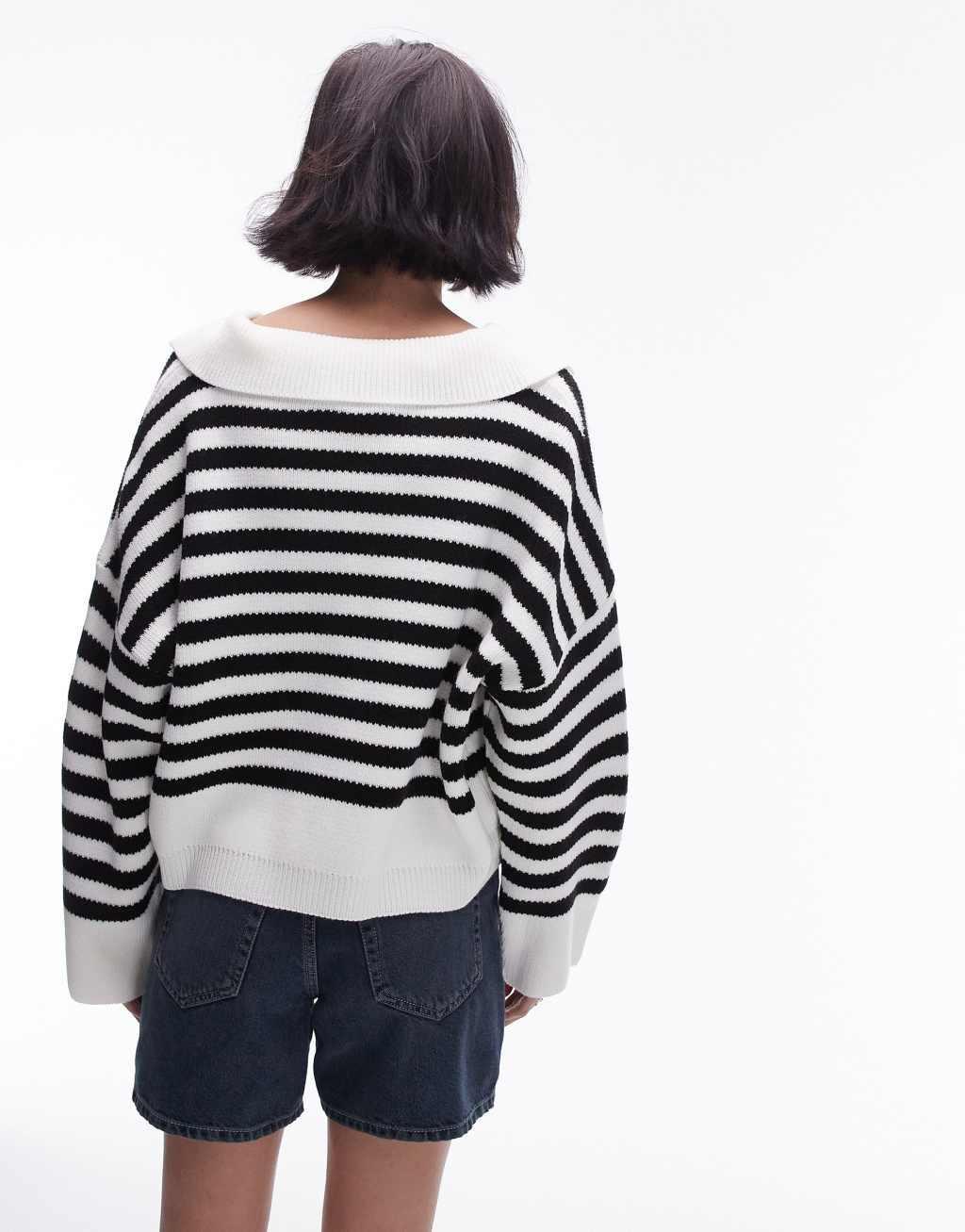 Topshop knit collared striped sweater in mono Product Image