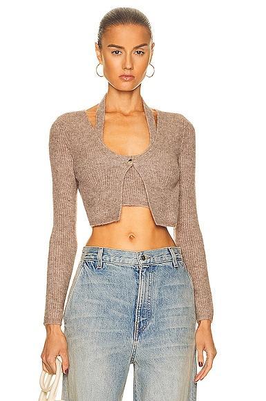 Alexander Wang Twinset Halter Cardigan in Dark Oatmeal Melange - Taupe. Size XL (also in ). Product Image