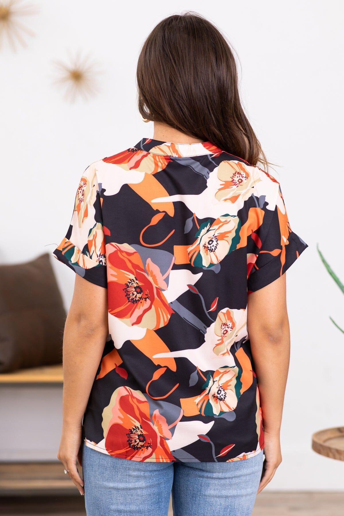 Black and Orange Floral Print Notch Neck Top Product Image