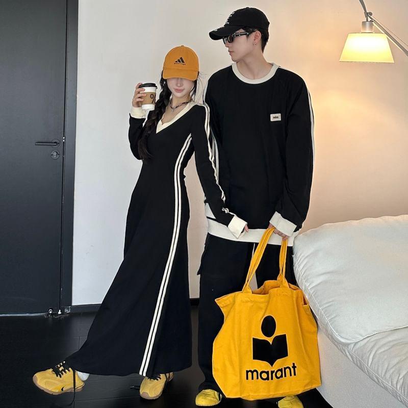 Couple Matching Crew Neck Striped Oversized Sweatshirt / Long-Sleeve V-Neck Maxi Sweatshirt Dress Product Image