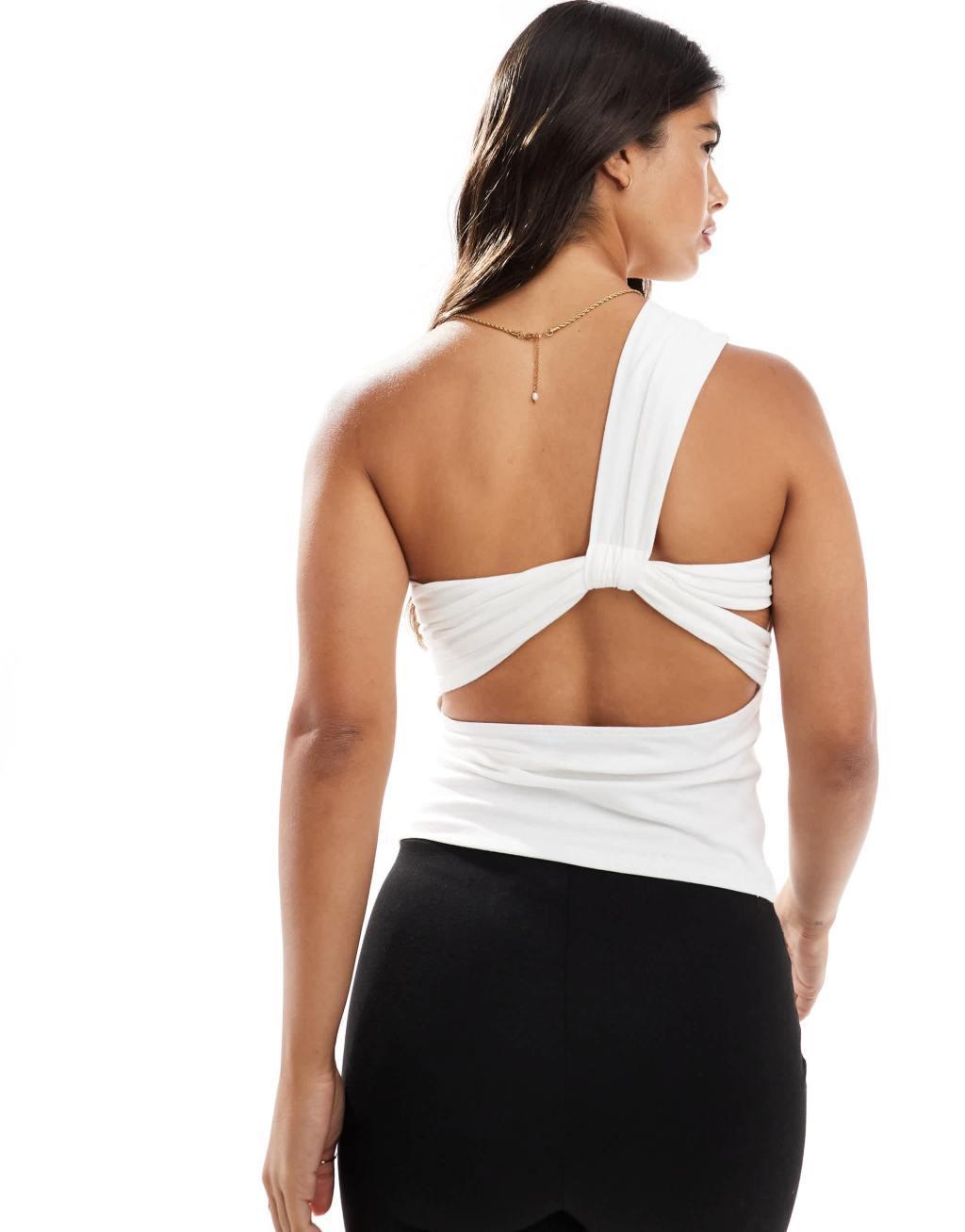 ASOS DESIGN one shoulder knotted back detail top in white Product Image