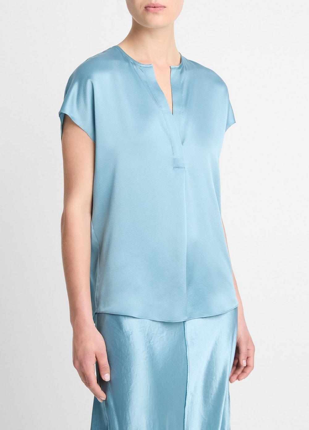 Silk Cap-Sleeve Half-Placket Blouse Product Image