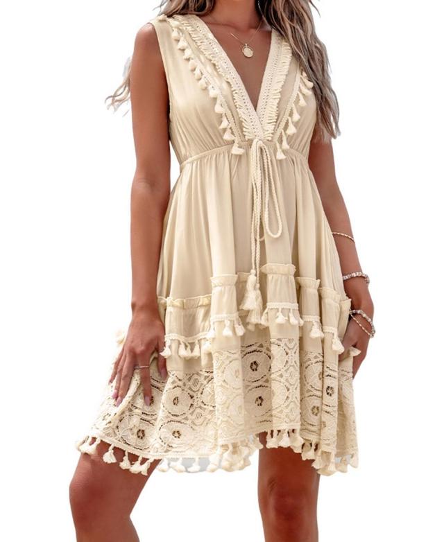 Women's Plunging Tassel & Lace Sleeveless Mini Beach Dress Product Image