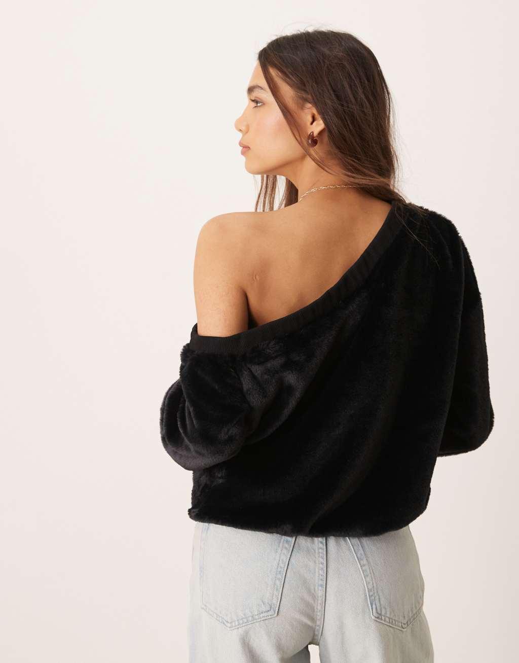 ASOS DESIGN off the shoulder faux fur asymmetric top in black Product Image