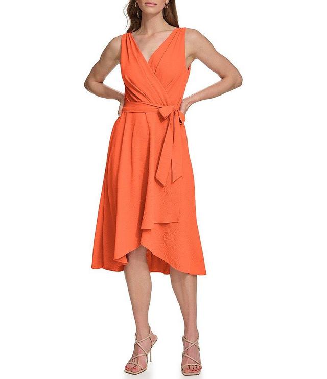 DKNY Surplice V Neck Sleeveless Tie Front Asymmetrical Hem Faux Wrap Dress Product Image