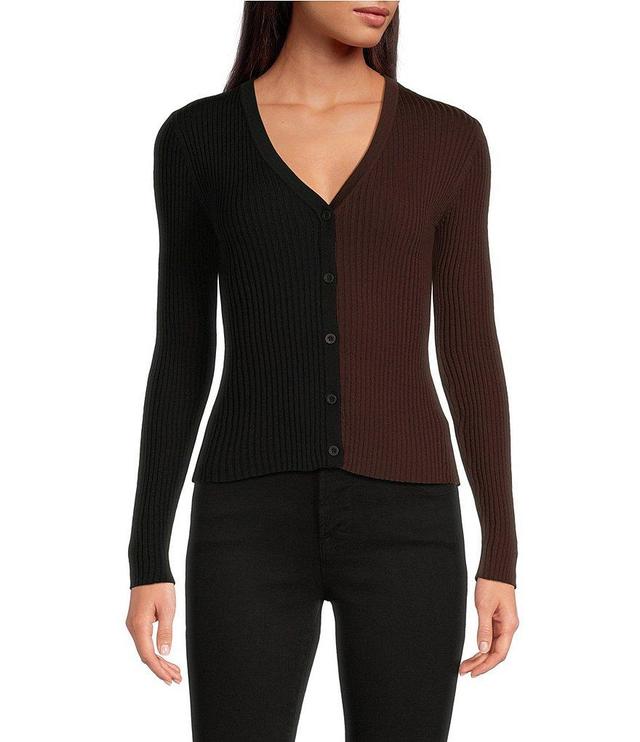 Sugarlips Olivia Mill Color Block Ribbed Knit V-Neck Long Sleeve Button Front Cardigan Product Image