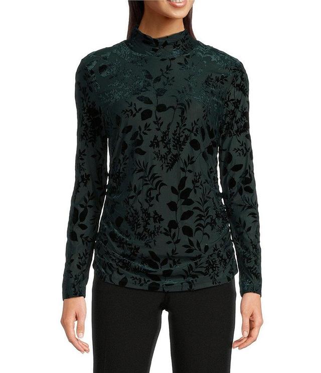 Calvin Klein Floral Burnout Crushed-Velvet Long Sleeve Mock Neck Ruched Top Product Image