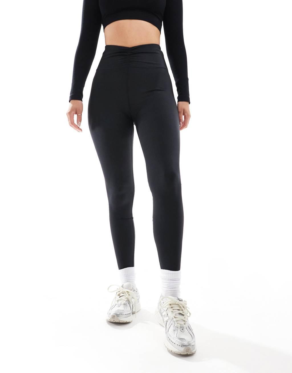 ASOS 4505 Hourglass ruched front high waist gym leggings in high shine black Product Image