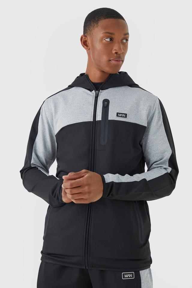 Man Active Zip Through Panel Slim Fit Hoodie | boohooMAN USA Product Image