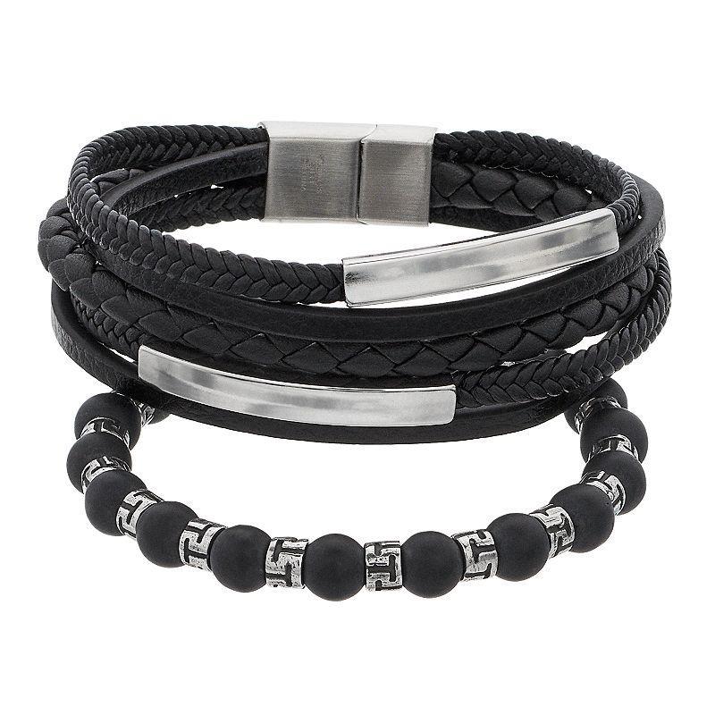 1913 Mens 3 Piece Genuine Leather Bracelet Set Stainless Product Image