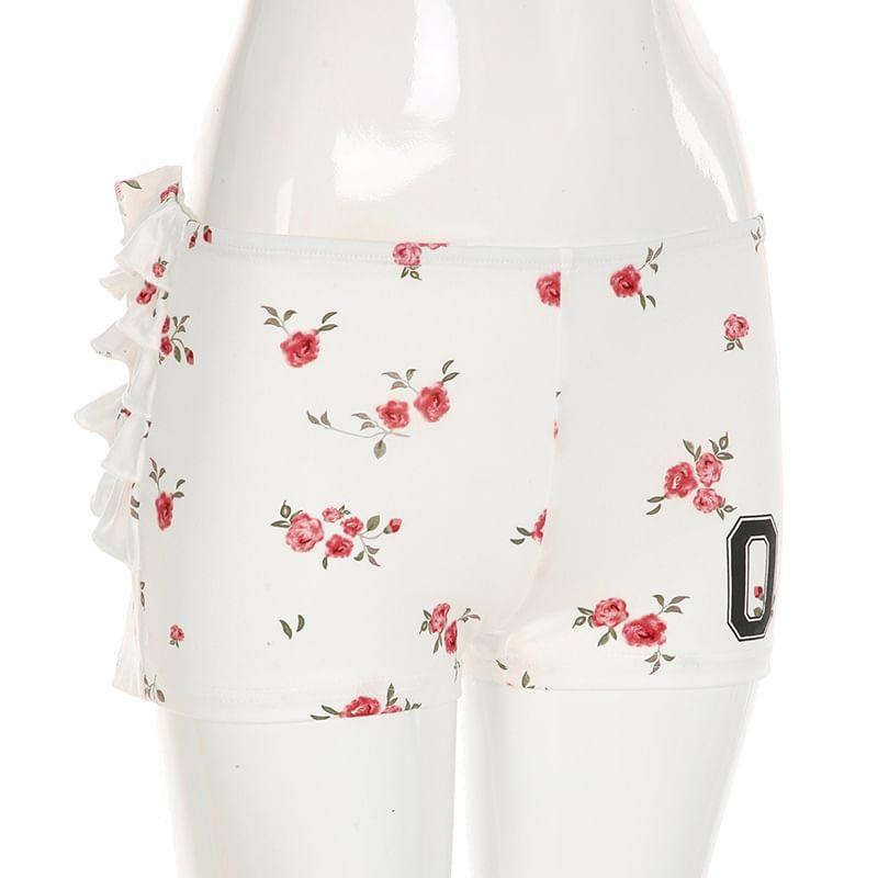 Low Waist Floral Print Numbering Print Ruffled Slim-Fit Mini Shorts Product Image