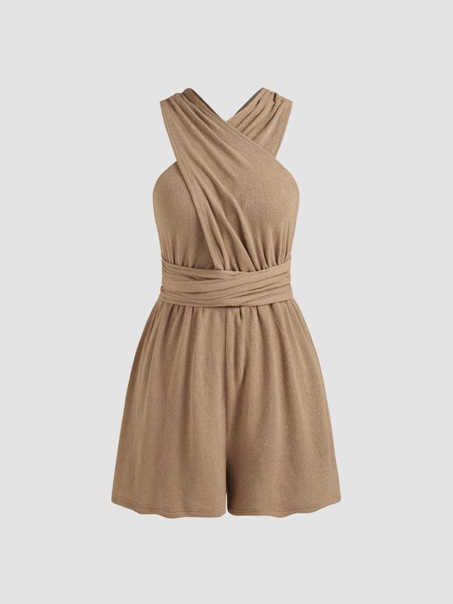 Two Way Halter Solid Twist Ruched Knotted Romper Product Image