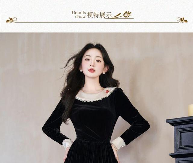 Long-Sleeve Crewneck Velvet Maxi A-Line Dress Product Image