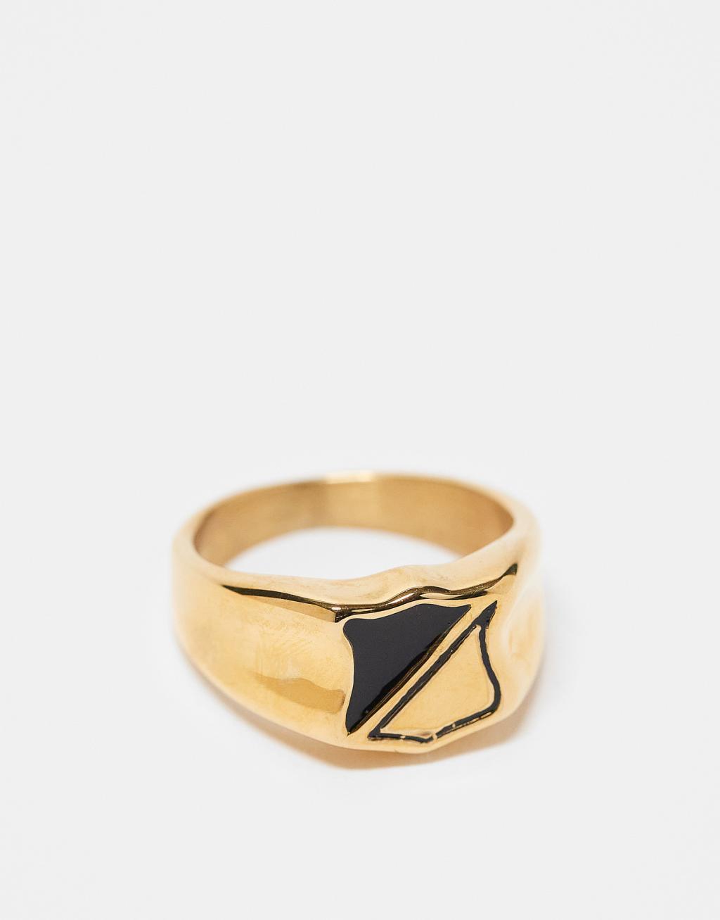 ASOS DESIGN waterproof stainless steel signet ring with black enamel in gold tone Product Image