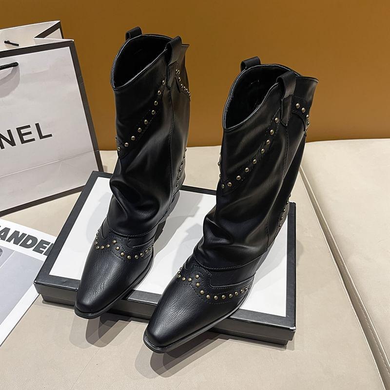 Studded Chunky Heel Short Boots Product Image