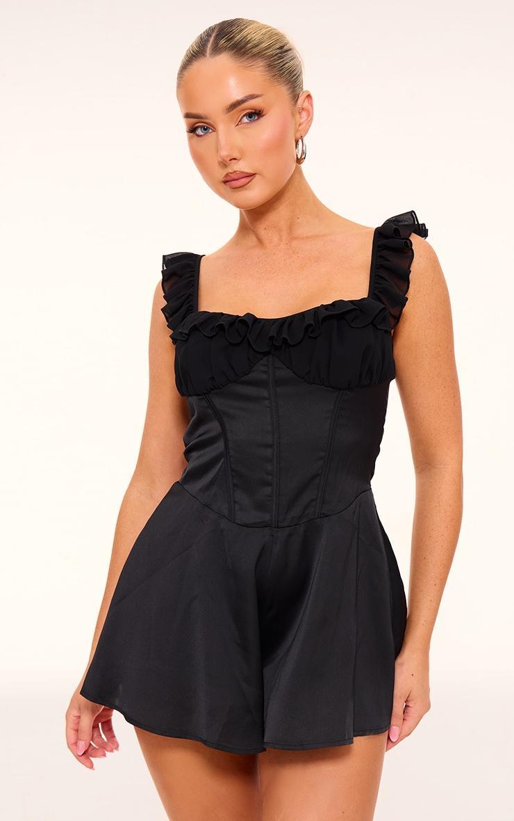 Black Ruffle Sleeve Satin Floaty Romper Product Image