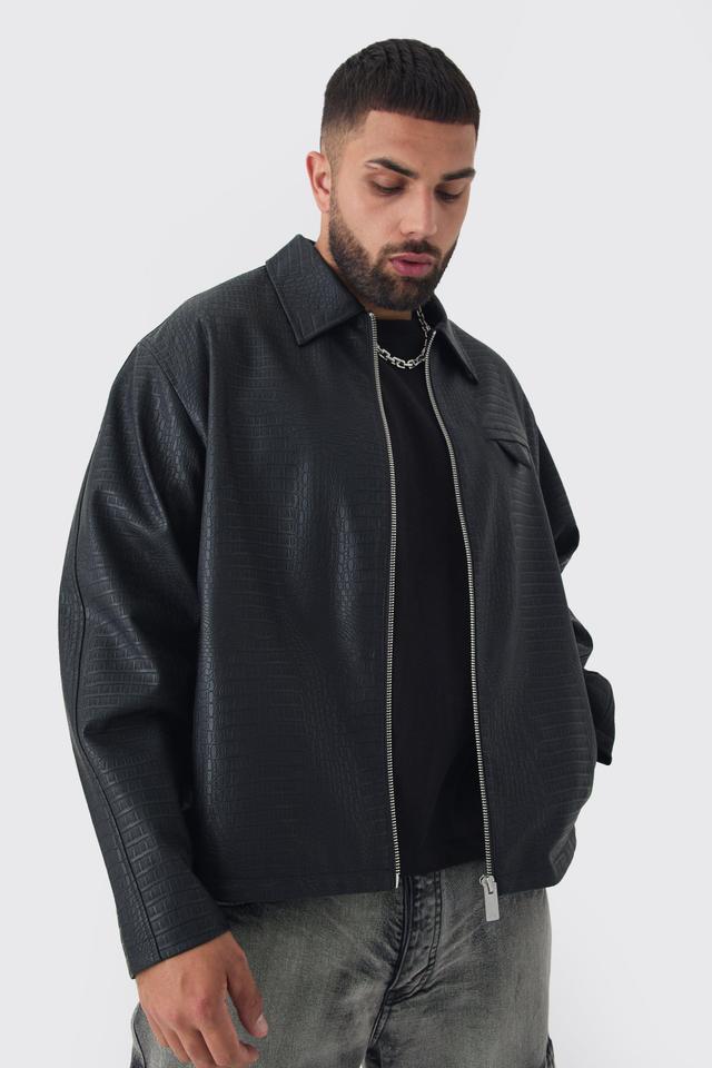 Plus Boxy Textured PU Harrington Jacket In Black | boohooMAN USA Product Image