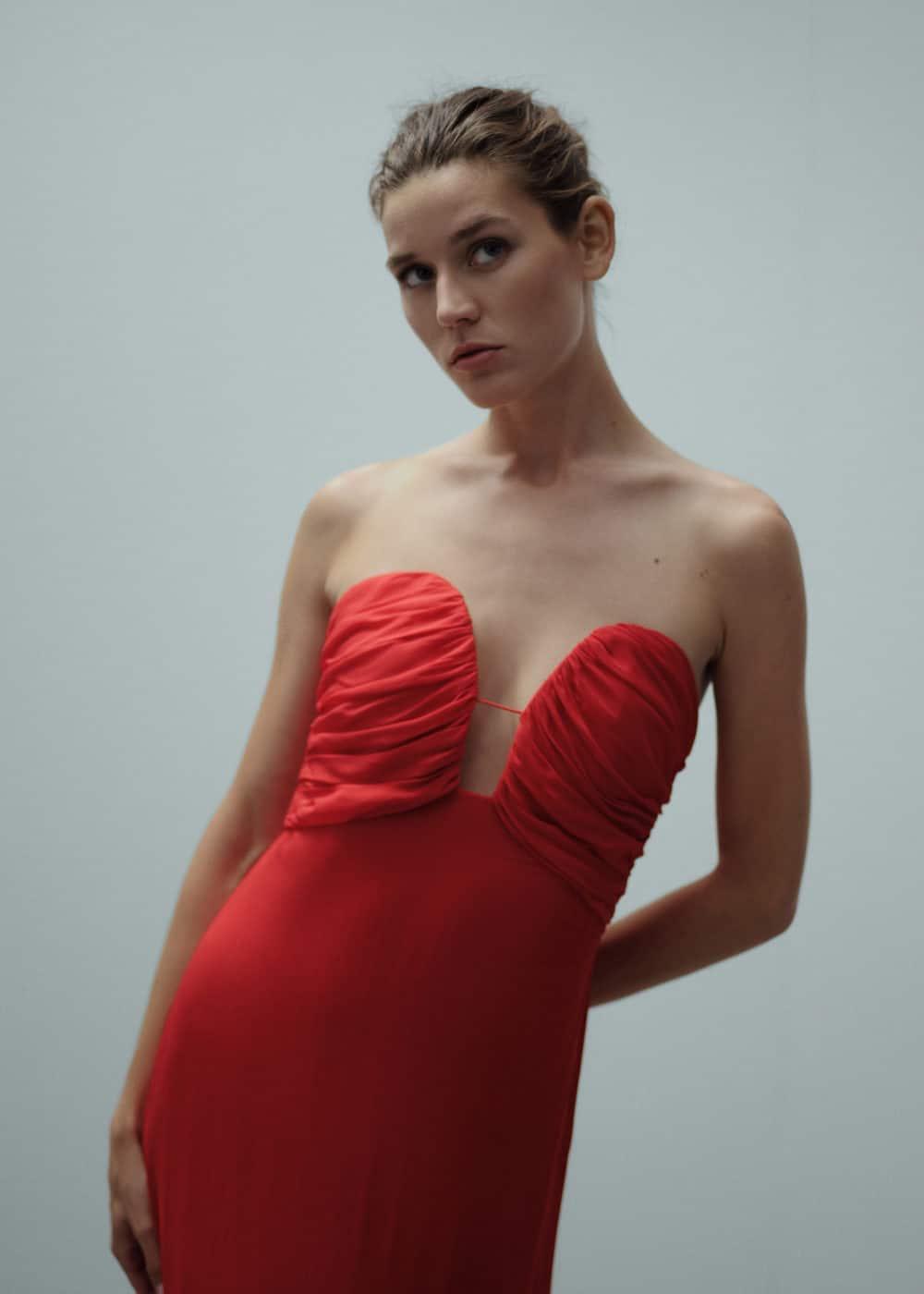 MANGO - Strapless sweetheart neckline dress red - 4 - Women Product Image