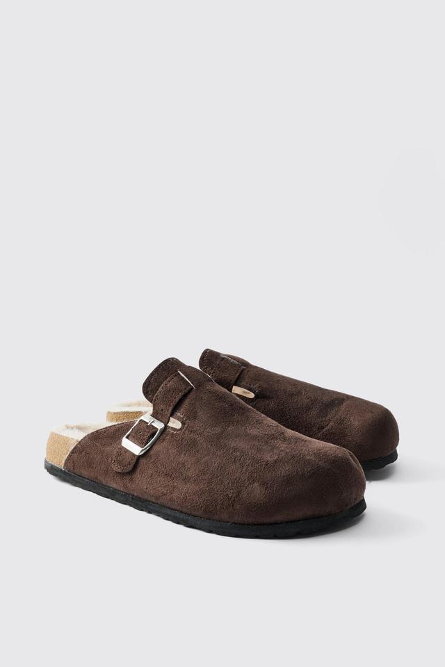 Faux Suede Sherpa Lined Mule In Brown | boohooMAN USA Product Image